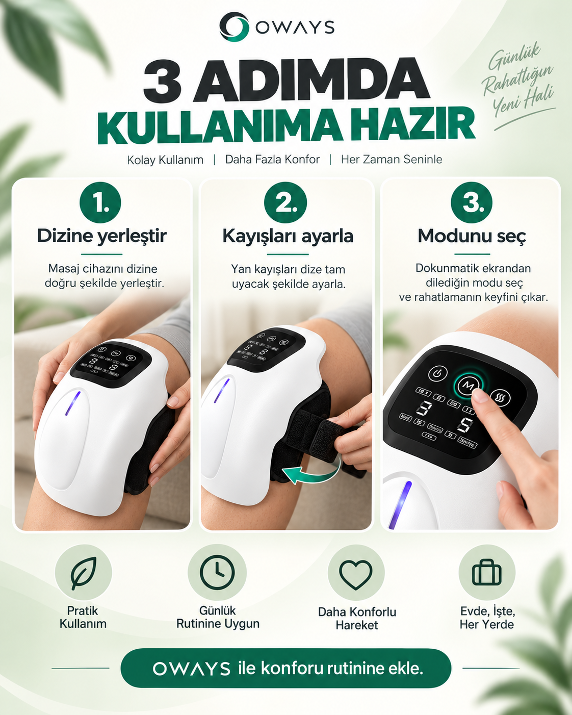 OWAYS Akıllı Diz Masaj Aleti - Isı, Titreşim ve Kırmızı Işık